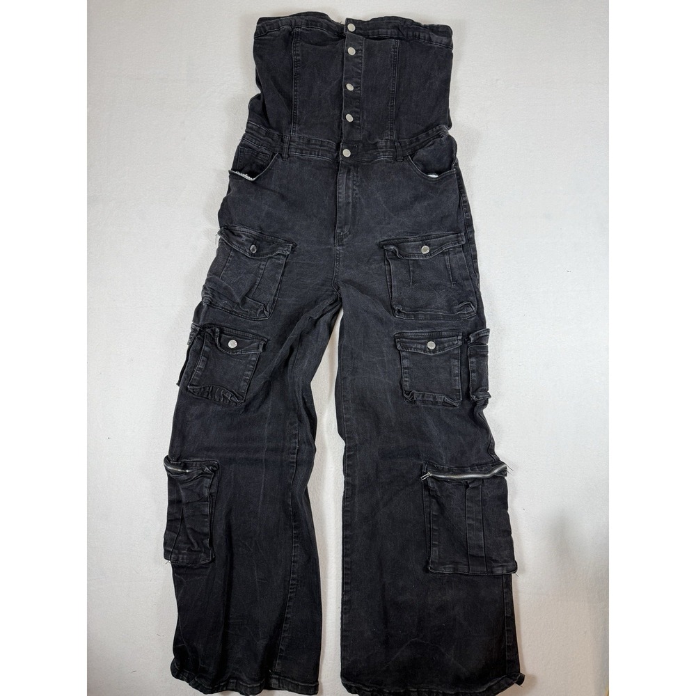 Dasy Womens Strapless Denim Cargo Jumpsuit 2X Black Acid Wash Wide Leg DJ2102